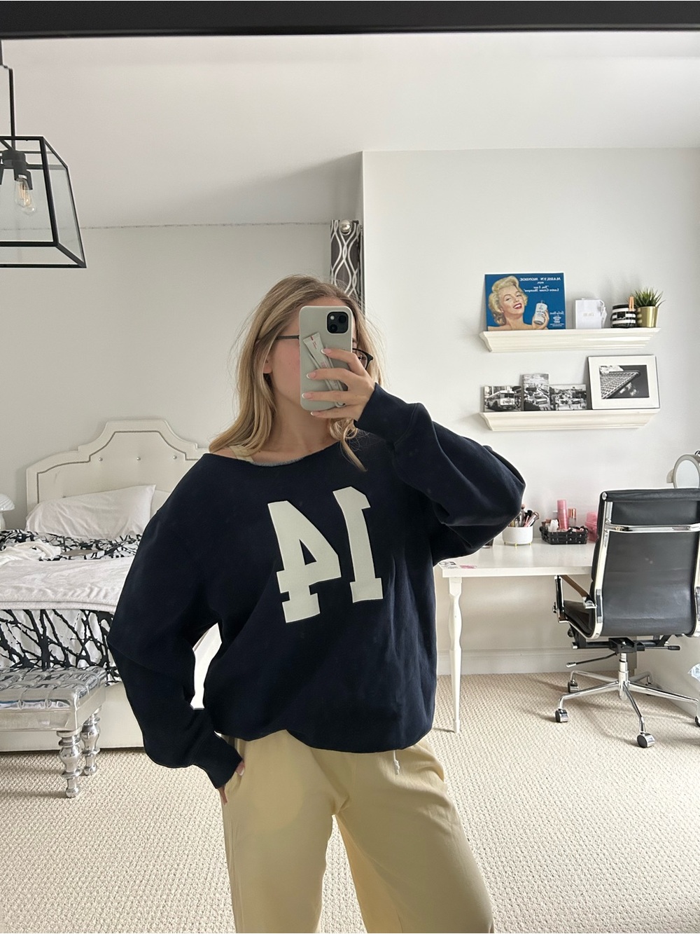 Brandy Melville Navy Blue Sweatshirt with White '14' Graphic